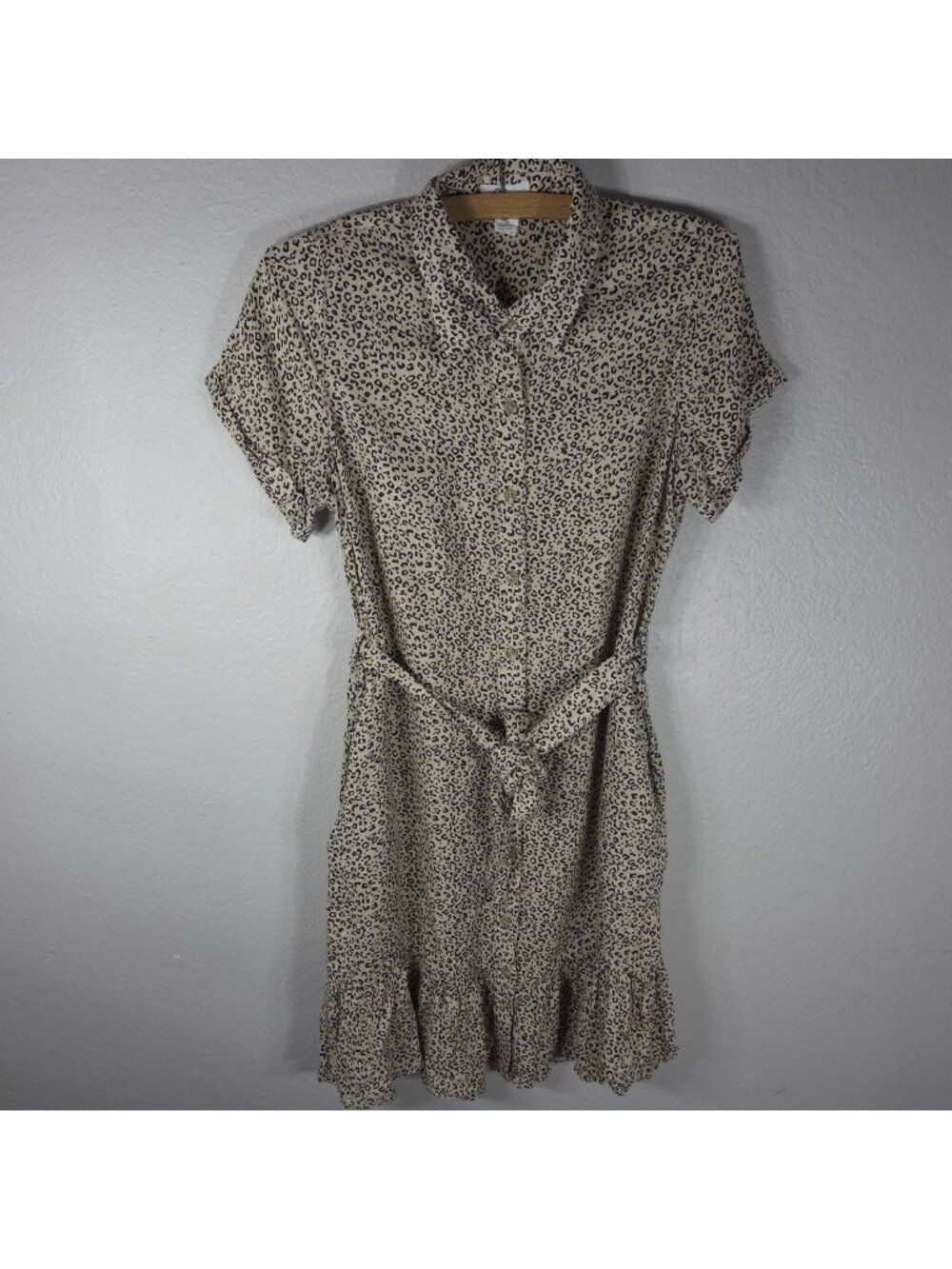 Japna Leopard Print Button-Front Midi Dress Size S Drawstring Waist Tan Collared
